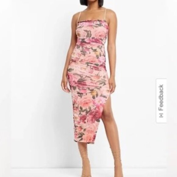 Express Floral Print Ruched Mesh Midi Dress Small - Picture 1 of 5